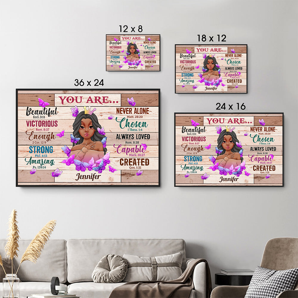 Personalized You Are Beautiful Bible Verse poster, size options shown on a sofa wall