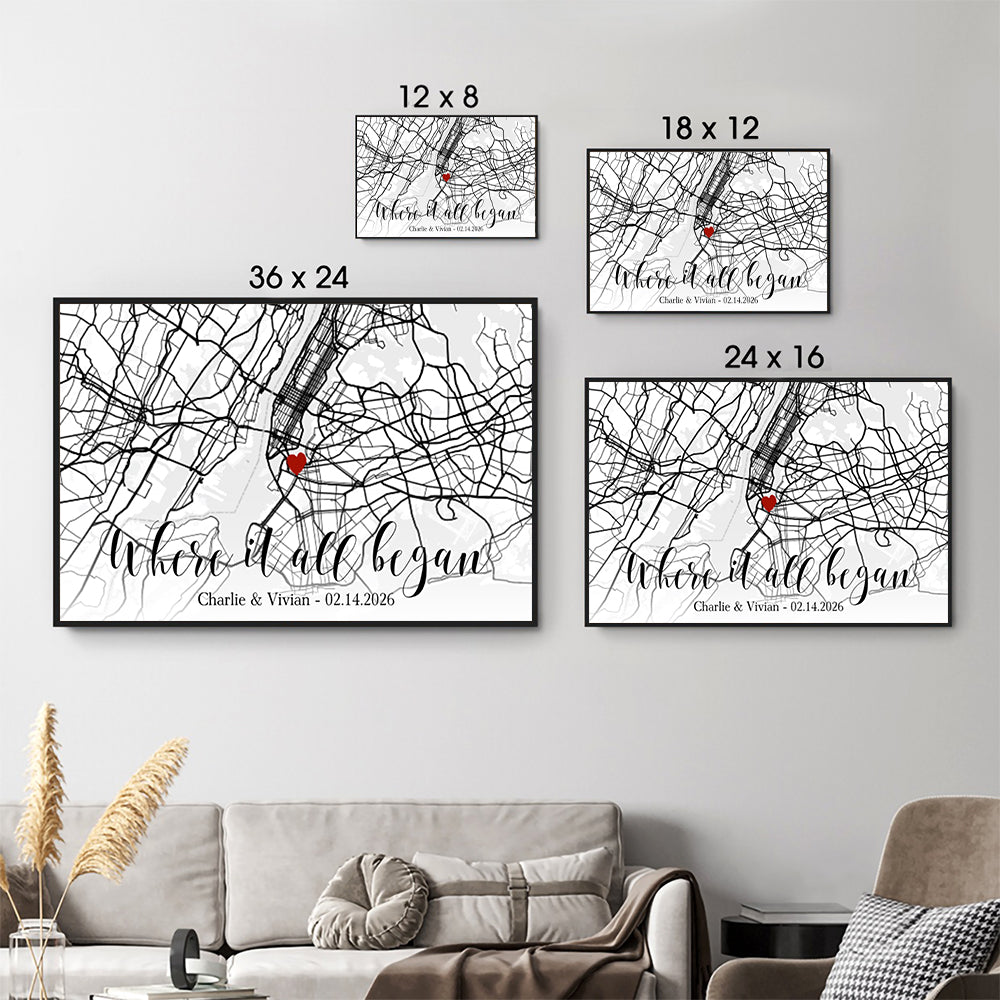 Custom Map Couple Where It All Began - Personalized Poster/Canvas Prints - Gift For Her/Him, Husband/Wife, Couples on Anniversary, Valentine's Day