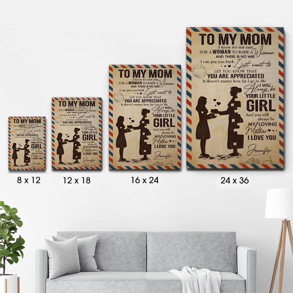 Personalized To My Beloved Mom & Dad poster, size options shown on a sofa wall