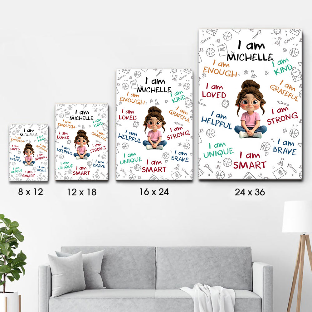 Personalized I Am Enough, Loved, Helpful, Unique, Smart canvas print, size options shown on a sofa wall
