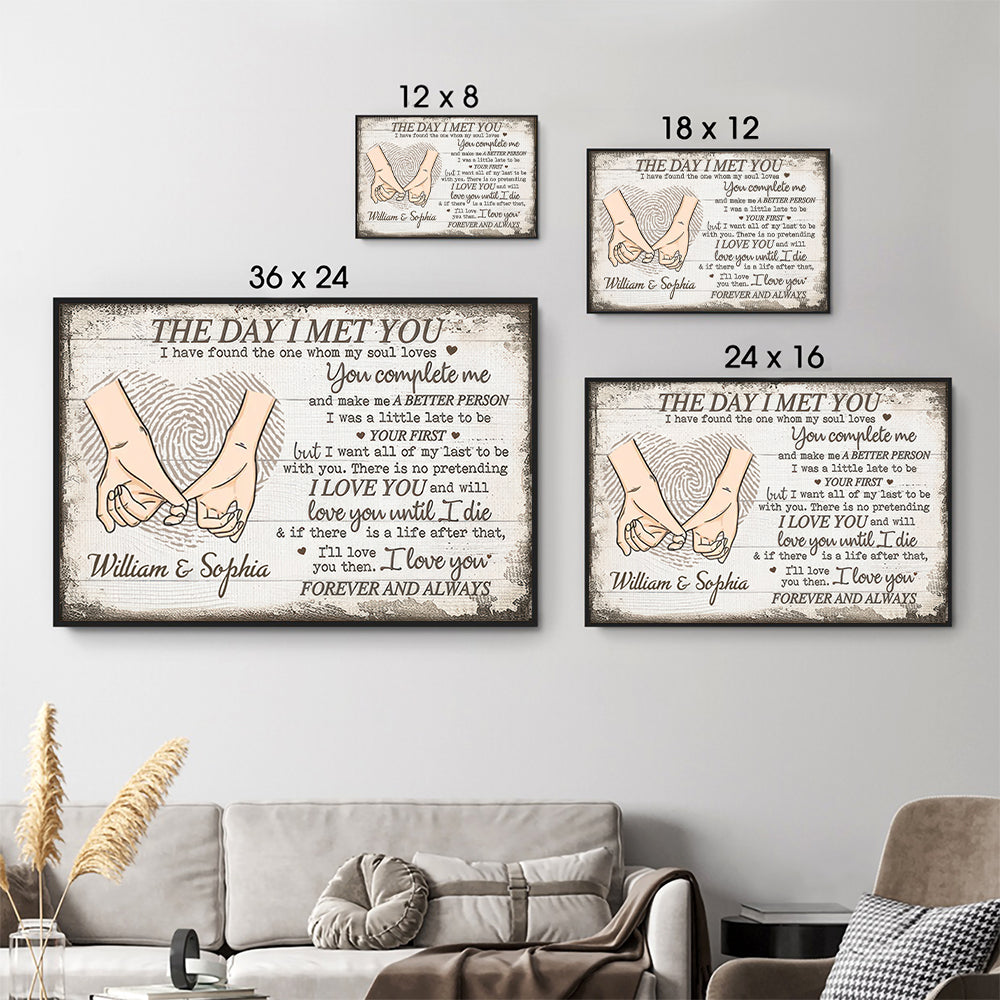 Personalized Custom Photo The Day I Met You canvas print, size options shown on a sofa wall