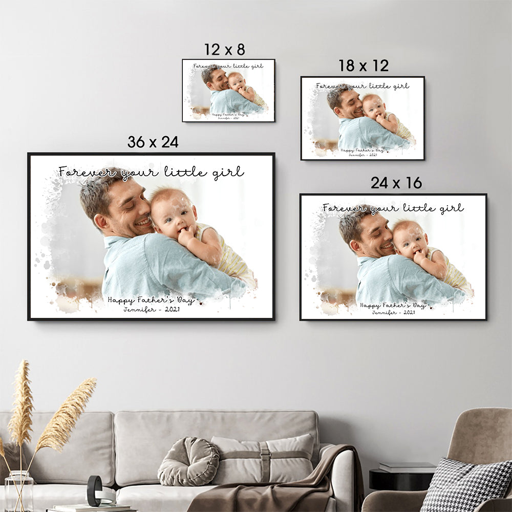 Custom Photo Dad and Kid Portrait poster, size options shown on a sofa wall