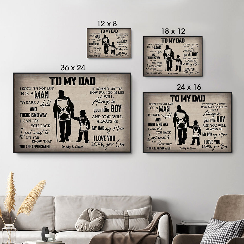 Personalized To My Dad From Son poster, size options shown on a sofa wall