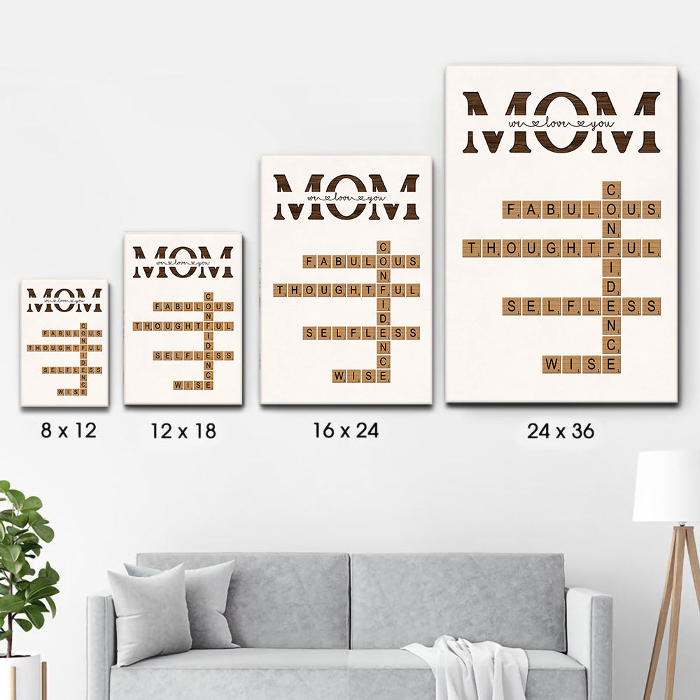 Personalized MOM Words Art Why We Love You Crossword Puzzle poster, size options shown on a sofa wall