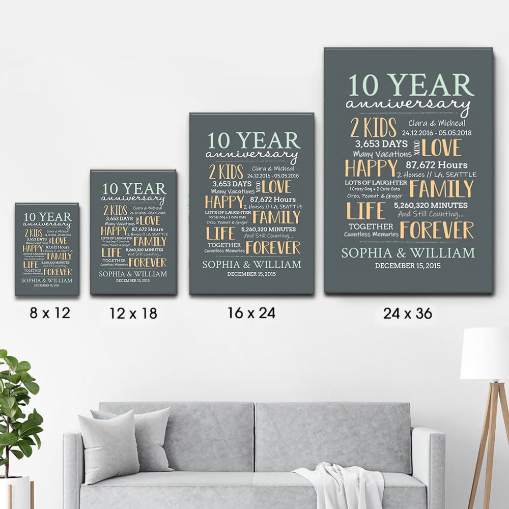 Personalized 10-Year Milestone Anniversary Couple canvas print, size options shown on a sofa wall