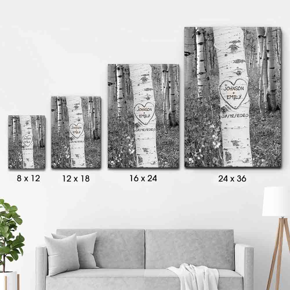 Personalized Couple Names Tree Carving poster, size options shown on a sofa wall
