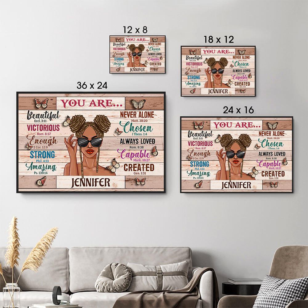 Personalized You Are Beautiful Victorious poster, size options shown on a sofa wall