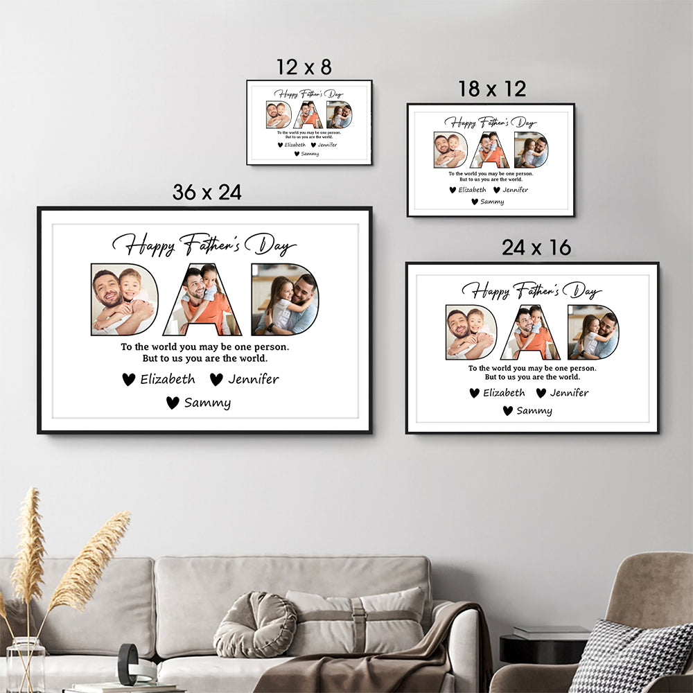 Custom Photo Happy Father's Day To Dad poster, size options shown on a sofa wall