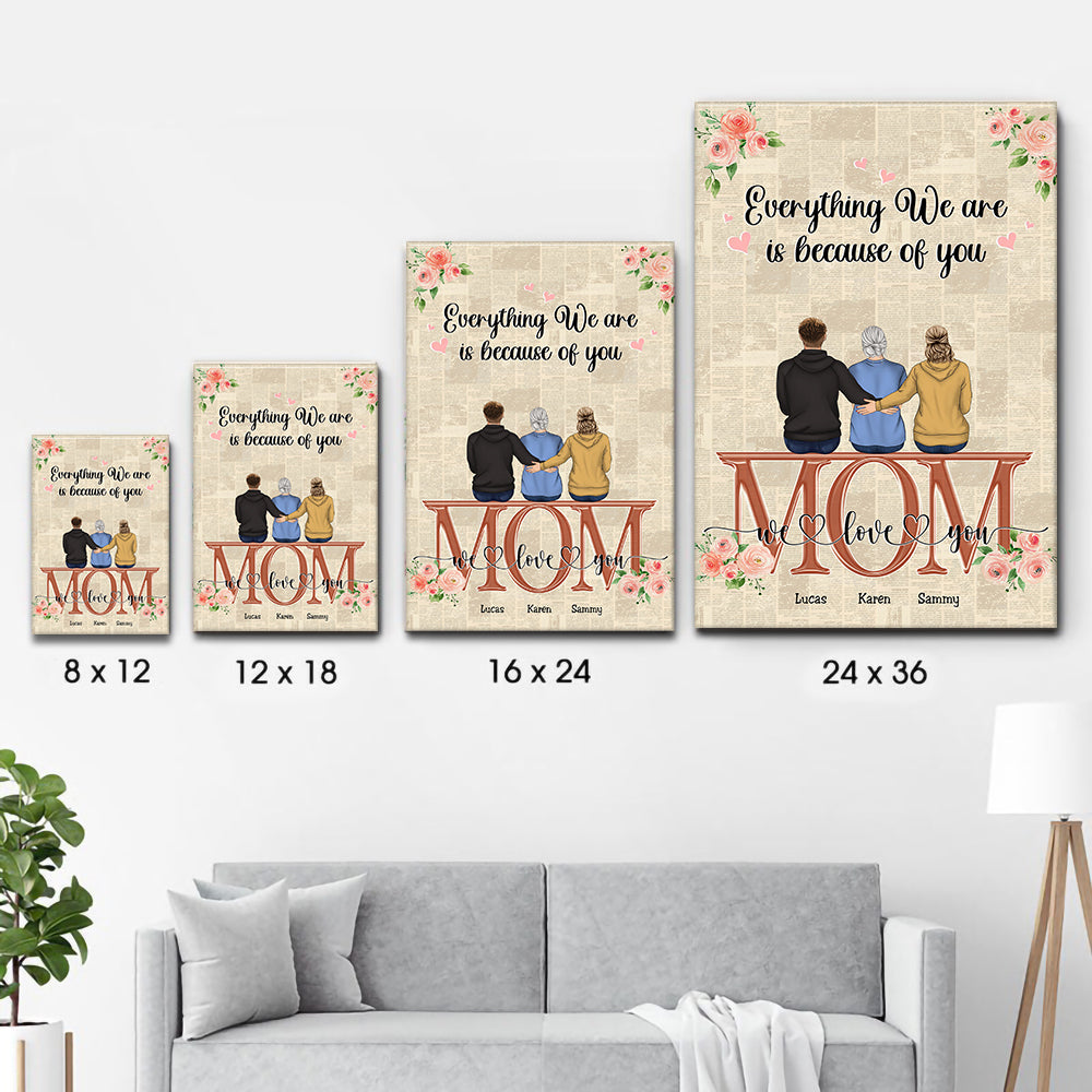 Mom's Personalized Canvas Print: "Everything We Are" Custom Character poster, size options shown on a sofa wall