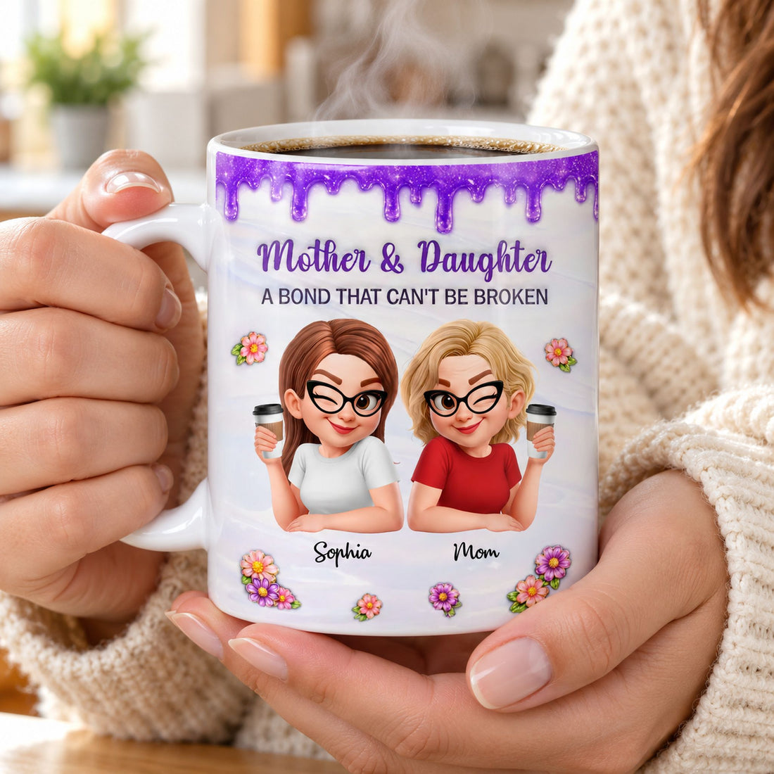 Woman holding steaming personalized Mother and Daughter ceramic coffee mug