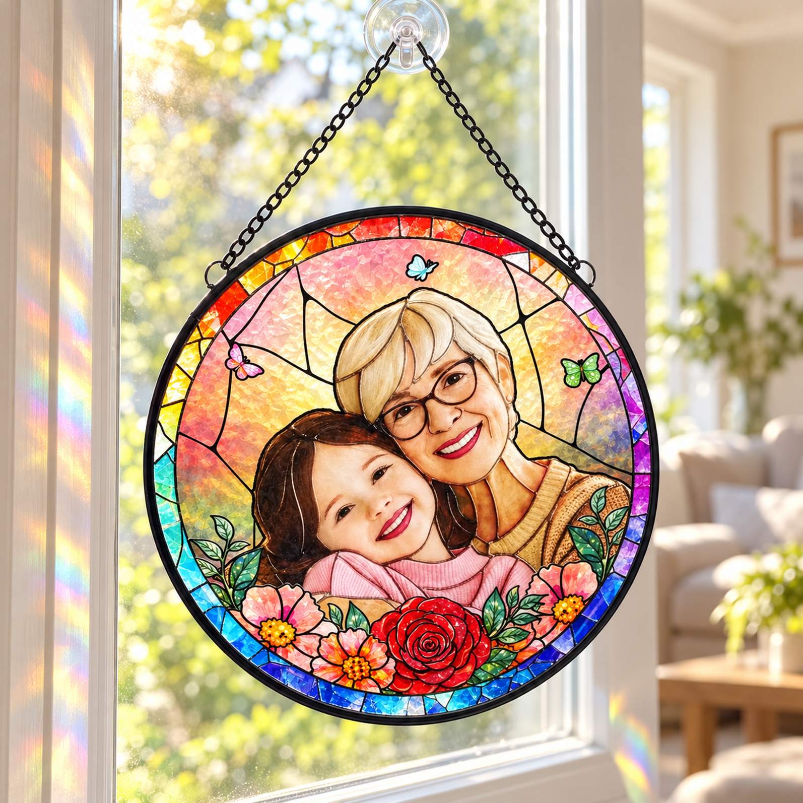 Personalized stained glass window hanging suncatcher for Mom and Grandma hanging in a sunny window