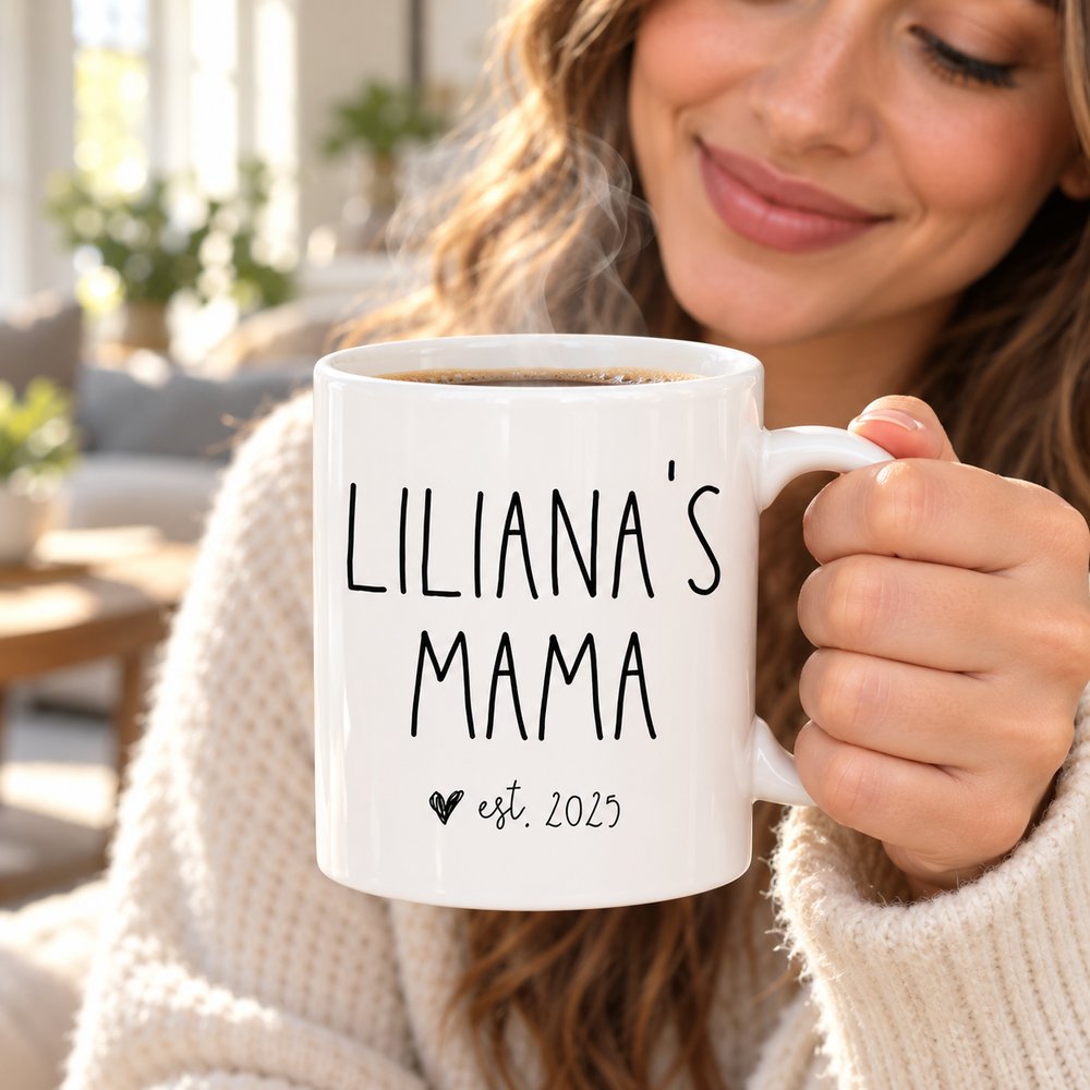 New mom holding personalized Lilianas Mama est 2025 white ceramic coffee mug with steam