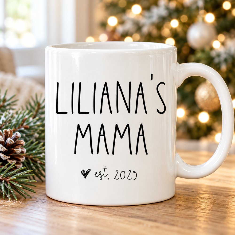Personalized Mama est 2025 ceramic mug on wooden table with holiday decor in background