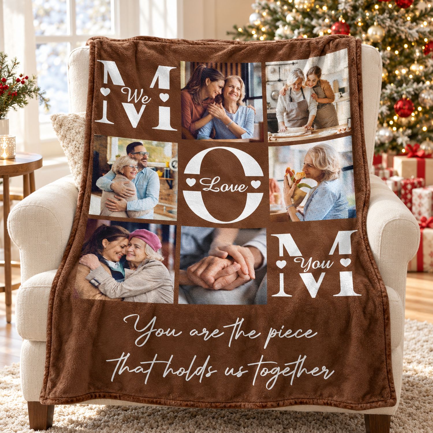 Custom Photo Mom Blanket draped over a cozy armchair near a Christmas tree