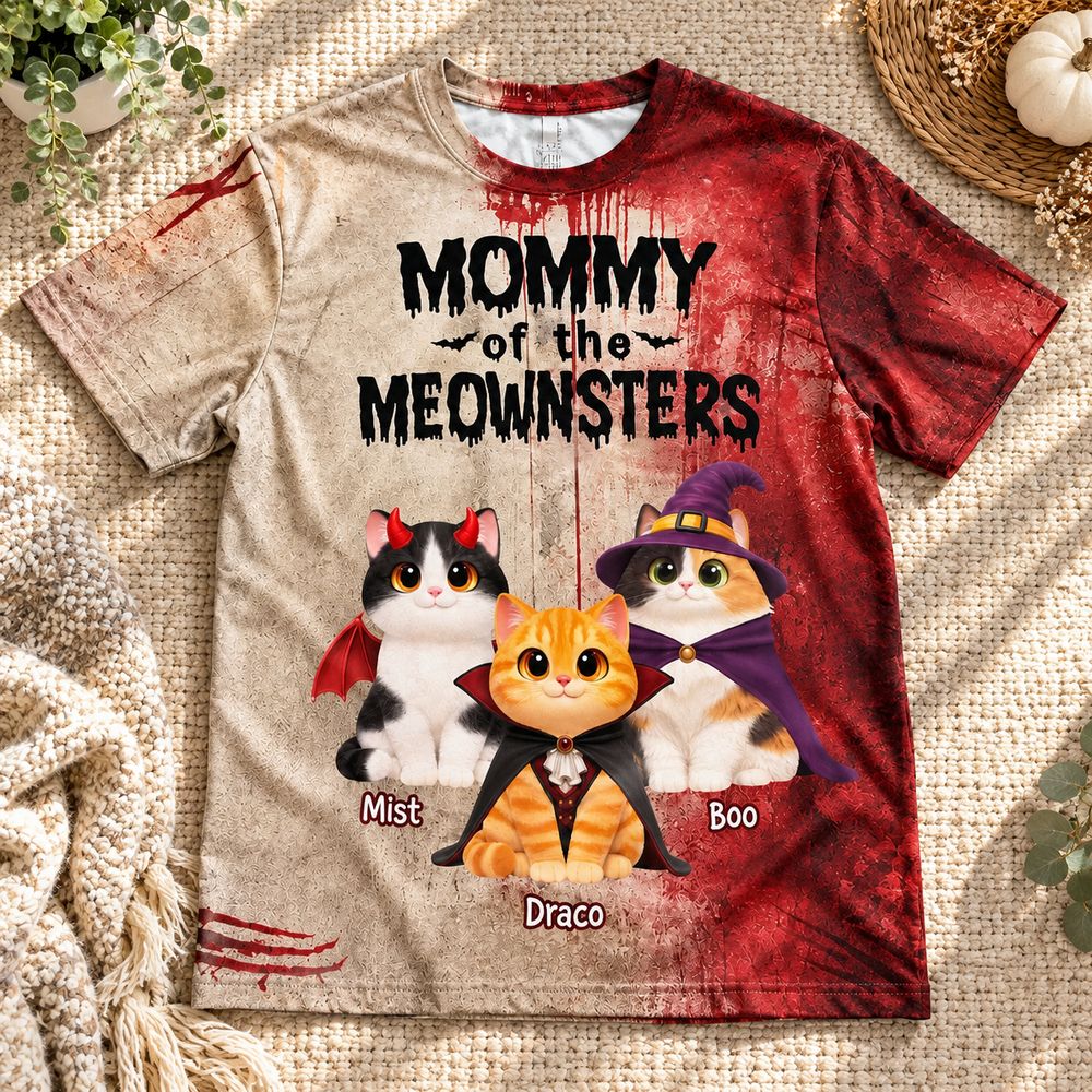 Close-up detail of personalized Meownsters cat all-over print t-shirt fabric texture and vibrant illustration