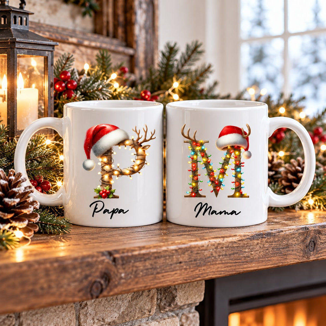 Papa and Mama personalized reindeer monogram Christmas mugs on festive mantel