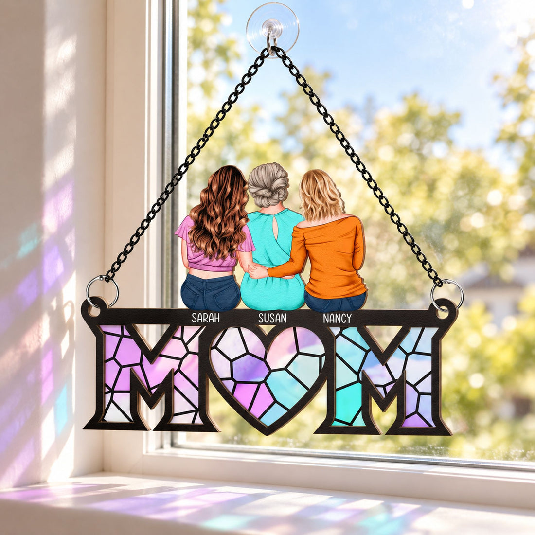 Personalized Mother and Children window hanging suncatcher ornament hanging in a sunny window