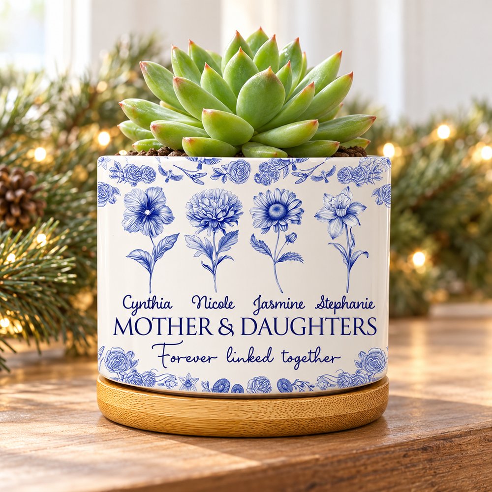 Personalized Mother and Daughters ceramic plant pot on a holiday mantel with pine garland