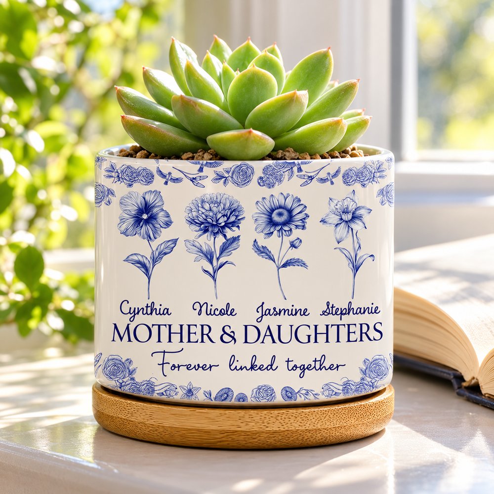 Custom birth flower ceramic plant pot with succulent on a bright sunny windowsill