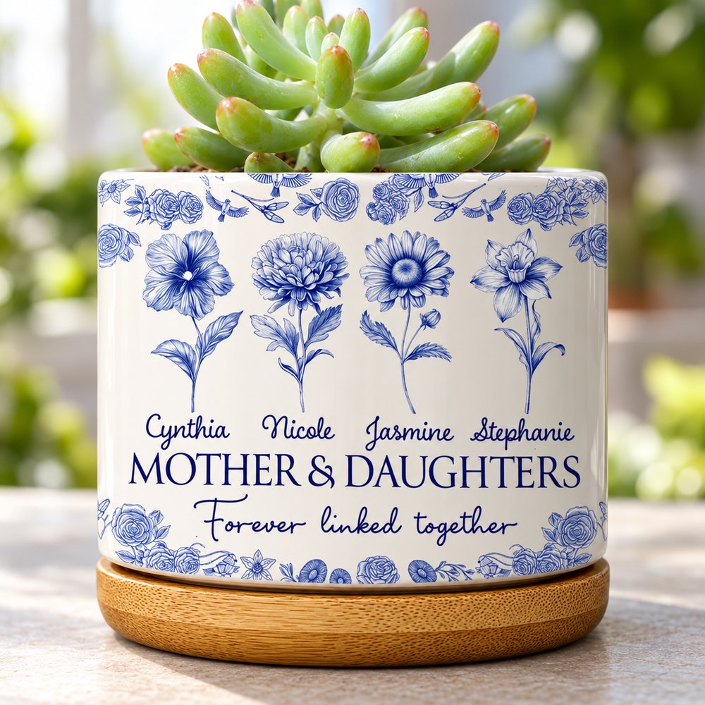 Close-up detail of blue botanical print and bamboo tray on personalized ceramic plant pot