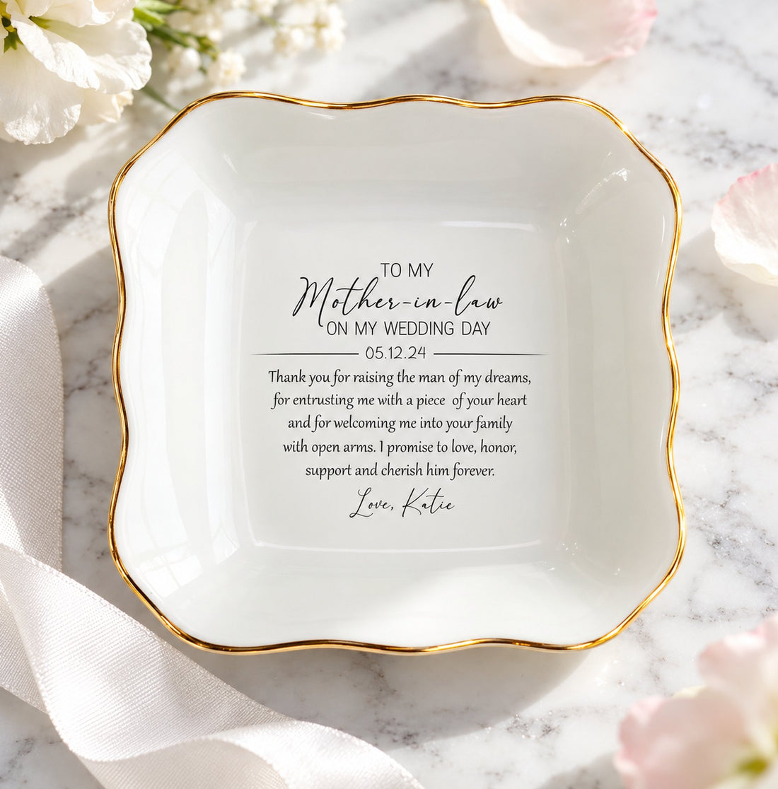 Personalized Mother-in-Law ceramic jewelry dish with gold rim on a white vanity table