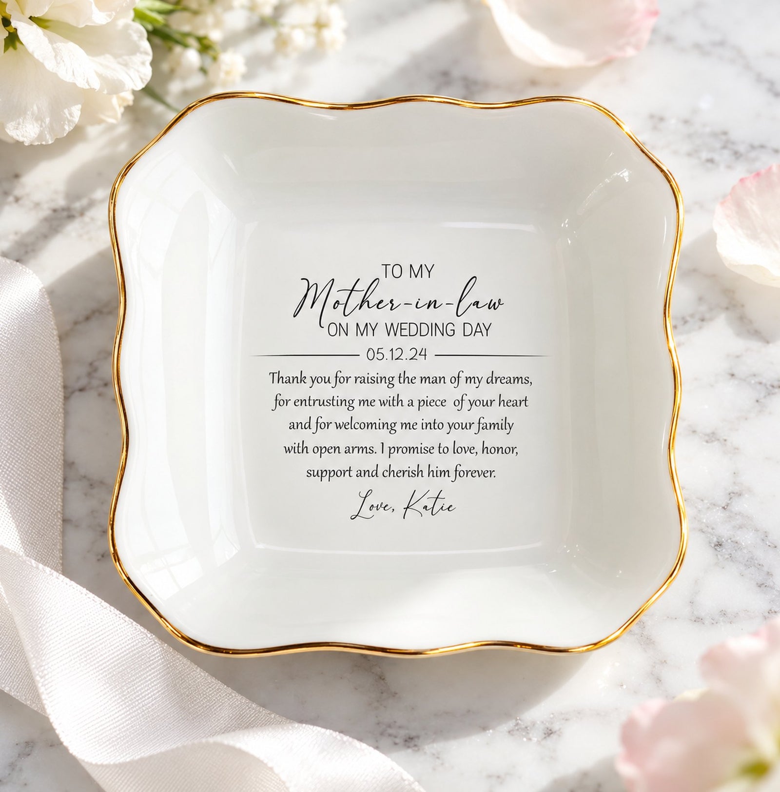 Personalized Mother-in-Law ceramic jewelry dish with gold rim on a white vanity table