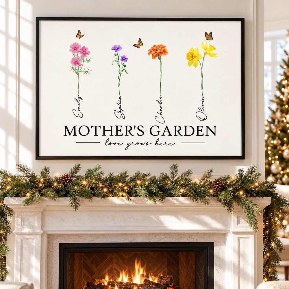 Mothers Garden personalized birth flower framed print hanging above a festive holiday fireplace mantel