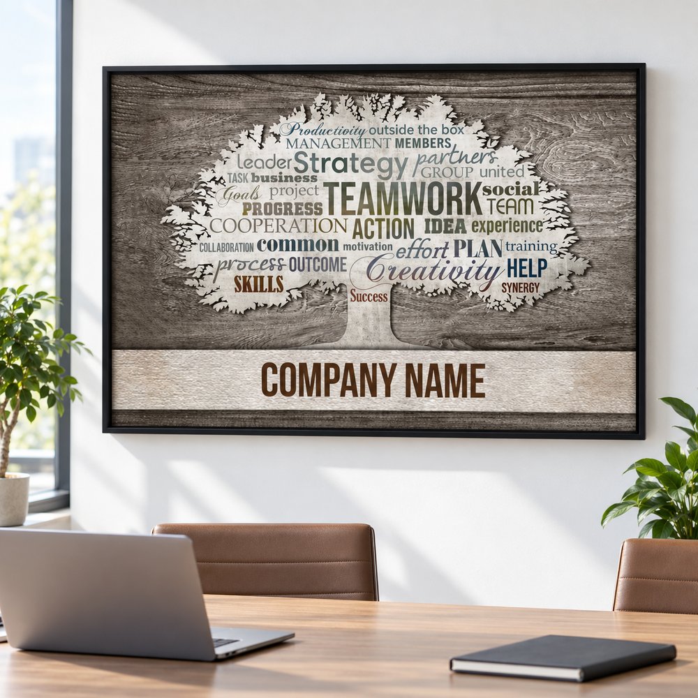 Motivational teamwork tree office wall art hanging above a modern wooden conference table