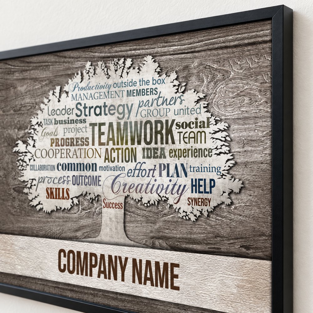Close up detail of personalized company name and teamwork tree typography on framed print