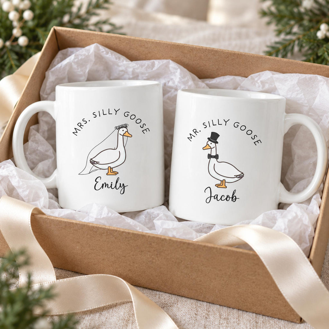 Personalized Mr and Mrs Silly Goose newlywed mugs in an open gift box with ribbon