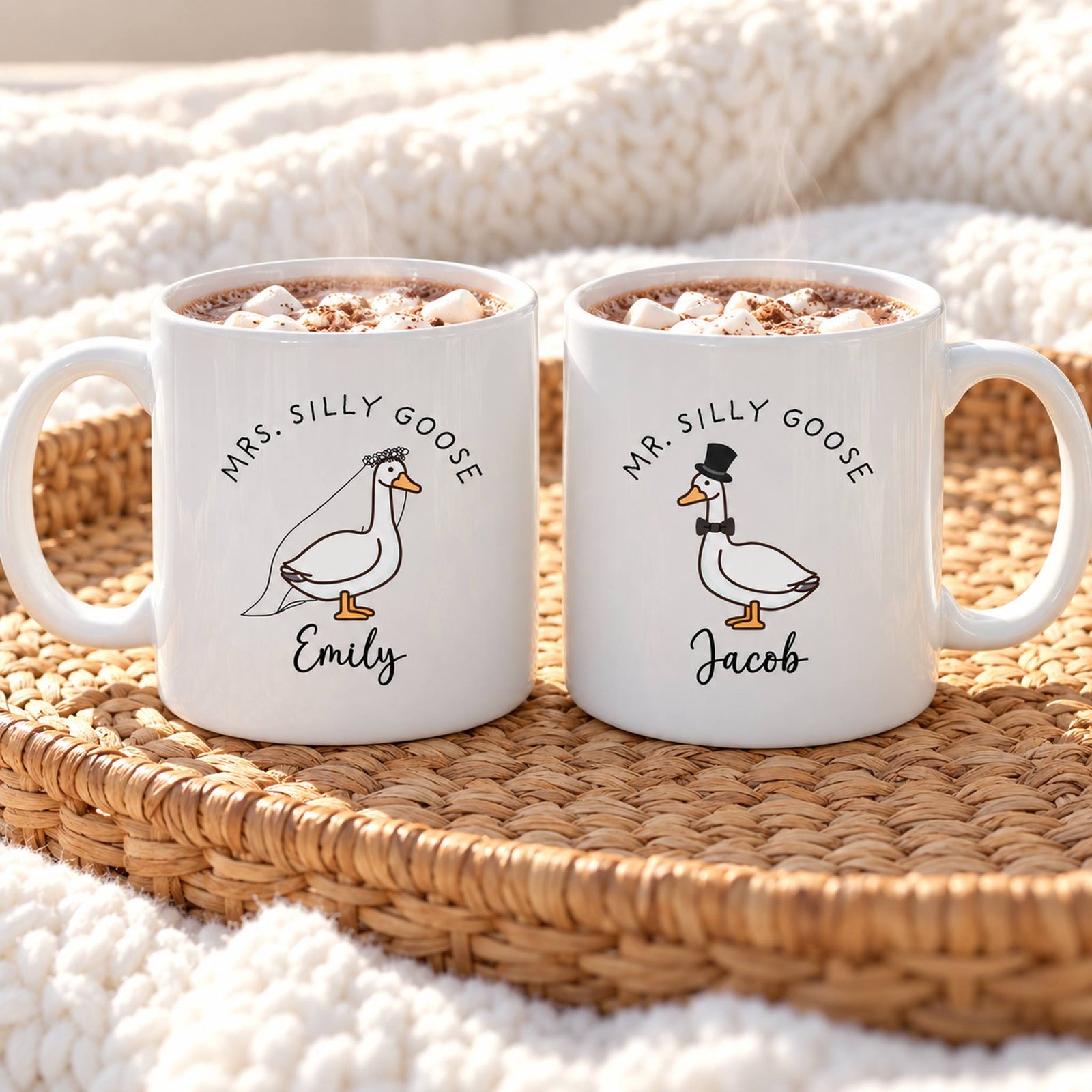 Mr and Mrs Silly Goose custom couple mugs on a cozy morning breakfast tray
