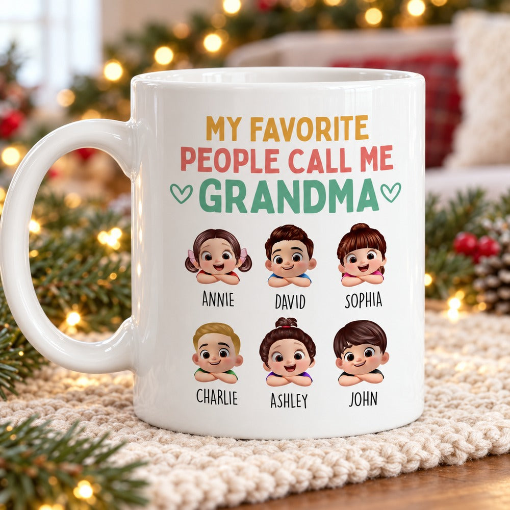 Personalized My Favorite People Call Me Grandma 11oz mug in a bright holiday setting with pine garland