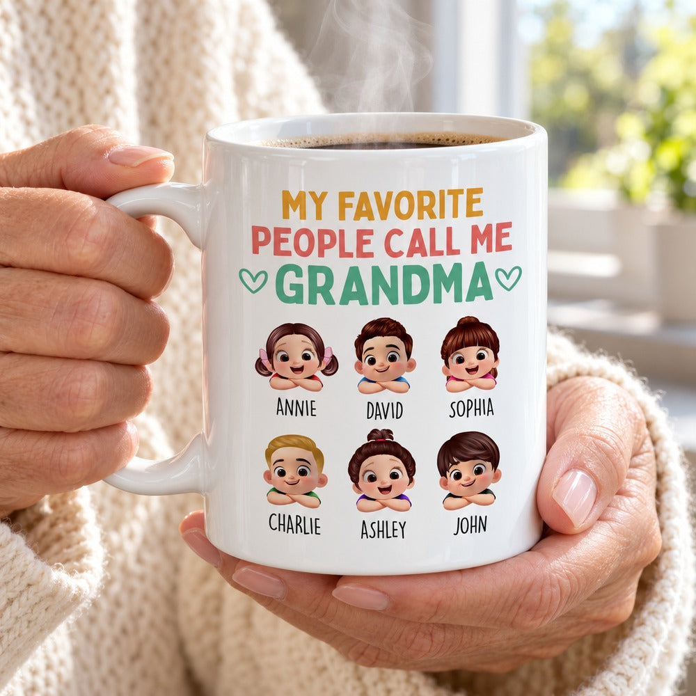 Grandma holding the personalized Favorite People Call Me Grandma mug with steaming coffee