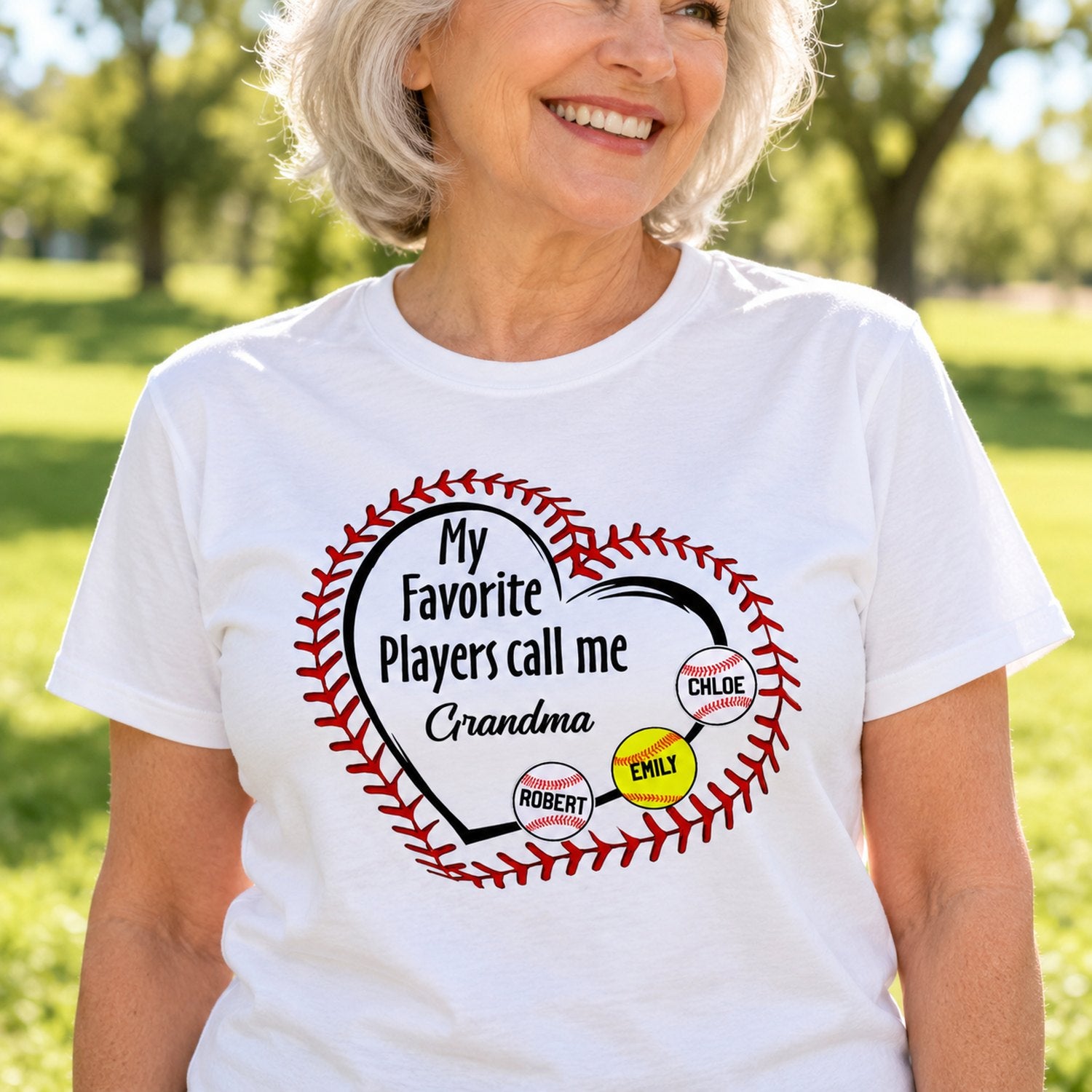 Grandma wearing personalized My Favorite Players Call Me Grandma baseball t-shirt outdoors
