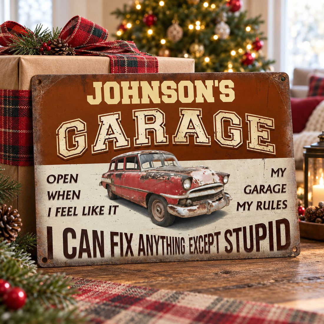 Personalized garage metal sign for Dad displayed by a Christmas tree as a holiday gift
