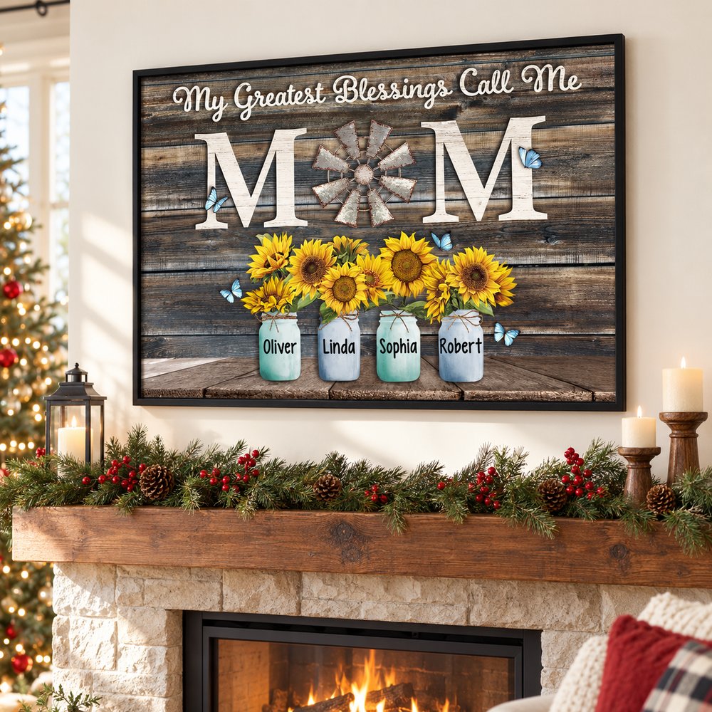 My Greatest Blessings Call Me Mom personalized canvas print hanging above a holiday fireplace mantel