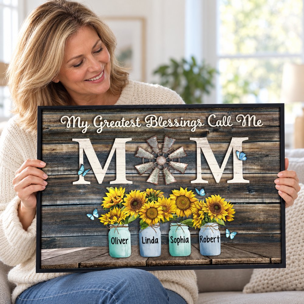 Happy Mom holding her personalized My Greatest Blessings Call Me Mom sunflower canvas print