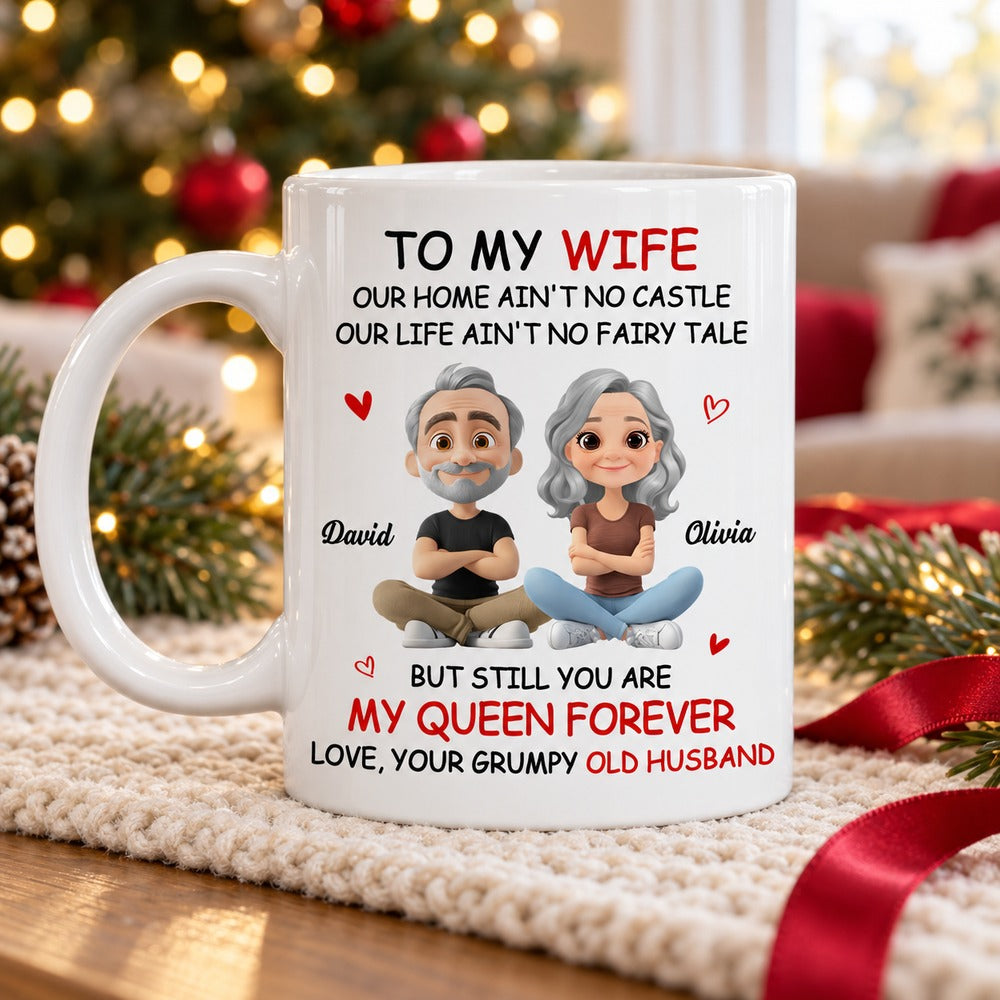 Personalized To My Wife ceramic mug on wooden table with holiday tree background