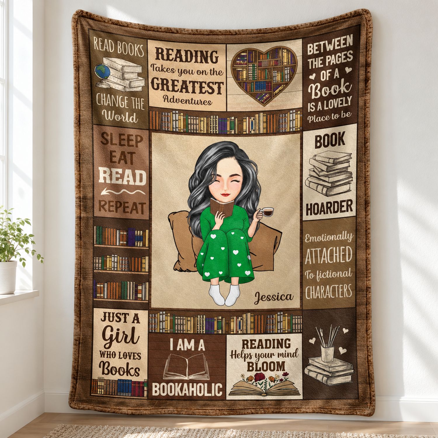 Close-up of the soft fleece texture and bookshelf print on the reading blanket