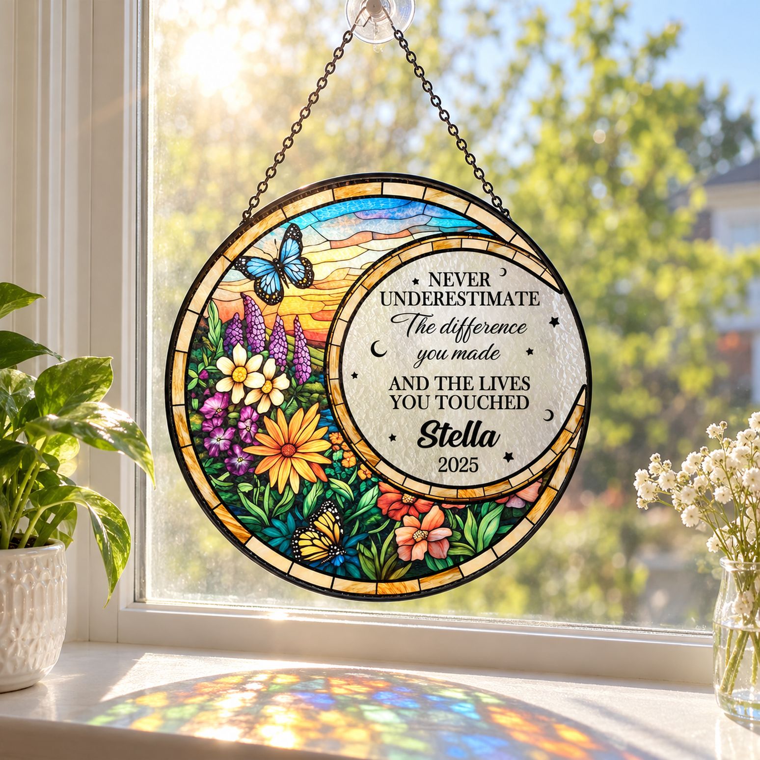 Personalized stained glass retirement suncatcher hanging in a bright sunlit living room window