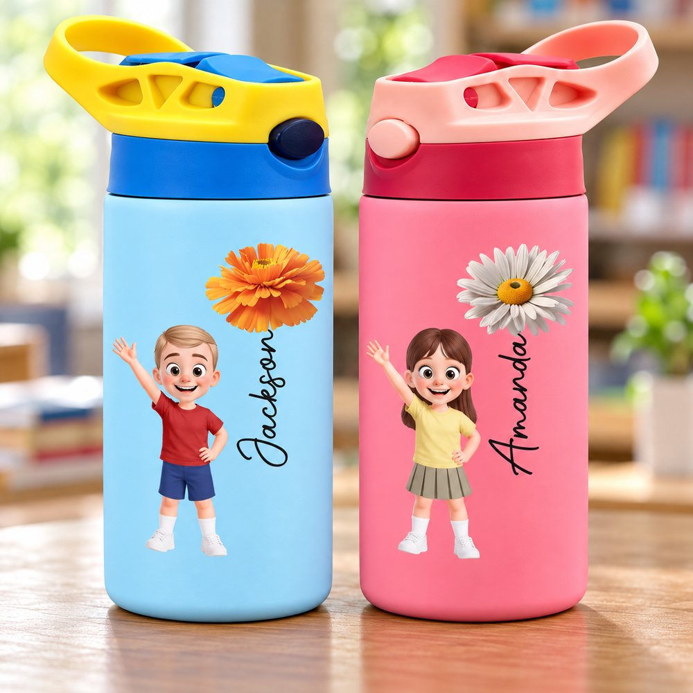 Close up detail of matte print quality and flip top lid on personalized kids water bottles