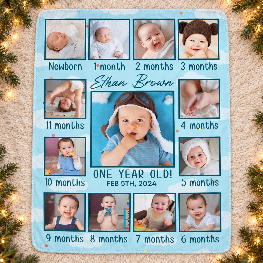 Personalized baby 1st birthday photo blanket flat lay with cozy holiday decor