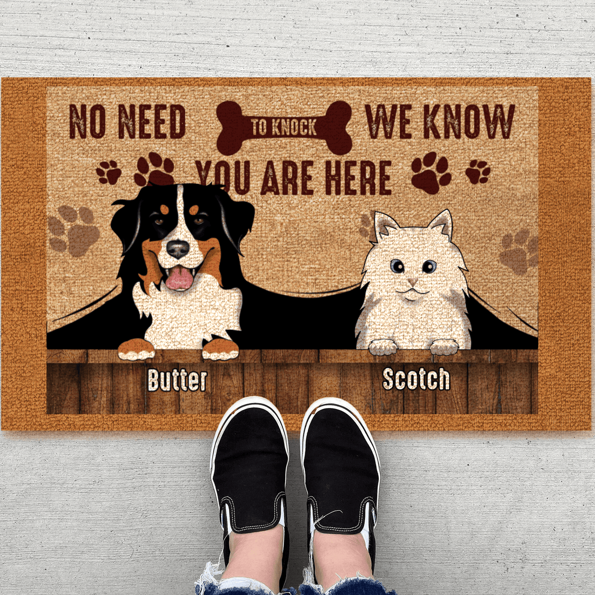 No need to knock We know you're here! - Personalized Doormat - Birthday, Housewarming, Funny Gift for Homeowners, Friends, Dog Mom, Dog Dad, Dog Lovers, Pet Gifts for Him, Her - Suzitee Store