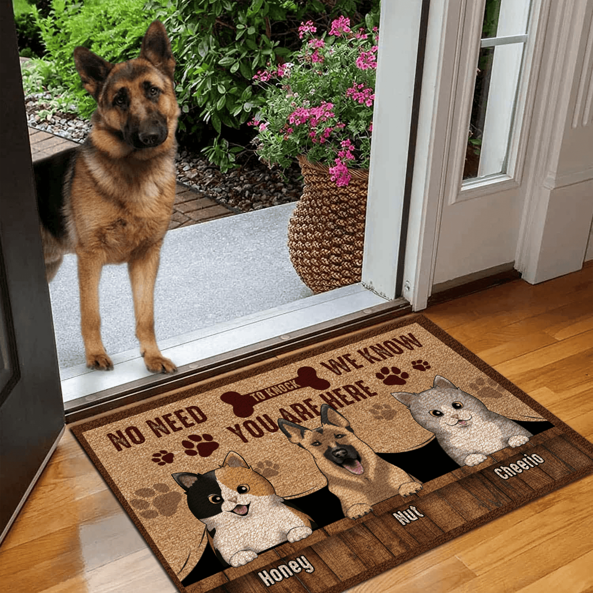 No need to knock We know you're here! - Personalized Doormat - Birthday, Housewarming, Funny Gift for Homeowners, Friends, Dog Mom, Dog Dad, Dog Lovers, Pet Gifts for Him, Her - Suzitee Store
