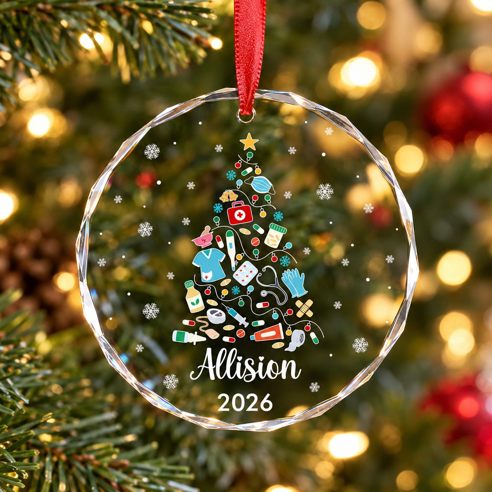 Macro close-up of faceted glass edge and printed medical Christmas tree design on nurse ornament