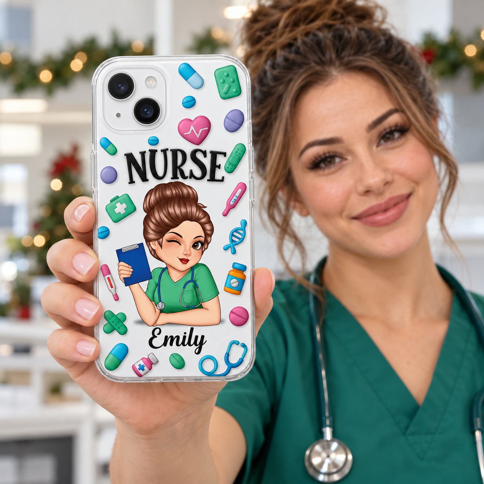 Nurse in green scrubs holding personalized Emily nurse clear phone case