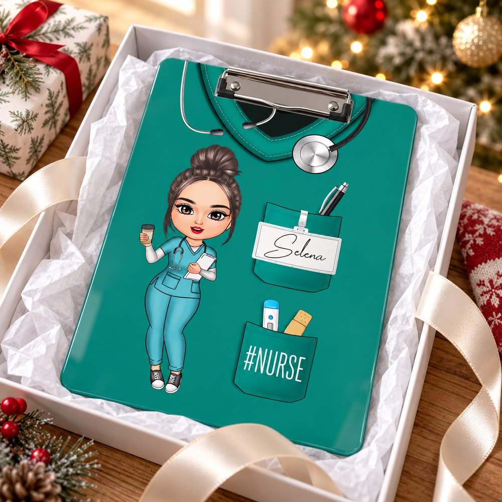 Personalized custom nurse clipboard presented in a holiday gift box