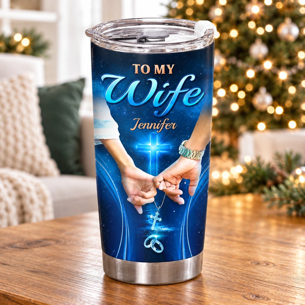 Personalized To My Wife 20oz fat tumbler on a wooden table with holiday lights in the background
