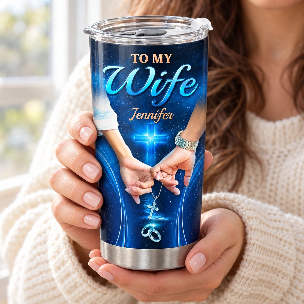 Wife holding her personalized Once Upon A Time 20oz insulated tumbler by a sunny window