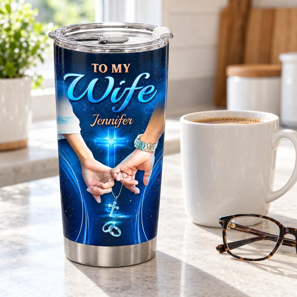 20oz fat tumbler next to a standard mug on a kitchen counter showing real size
